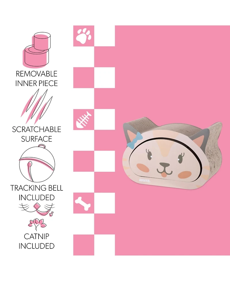 Opal 19" Modern Cardboard Happy Cat Head 2-in-1 Cave Scratcher with Built-In Bell Toys and Catnip