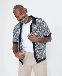 Lands' End Men's Short Sleeve Tile Jacquard Button Down Sweater Polo