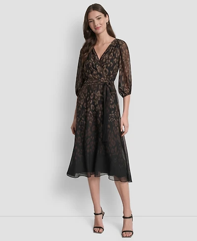 Dkny Women's Balloon Sleeve Faux Wrap Midi Dress