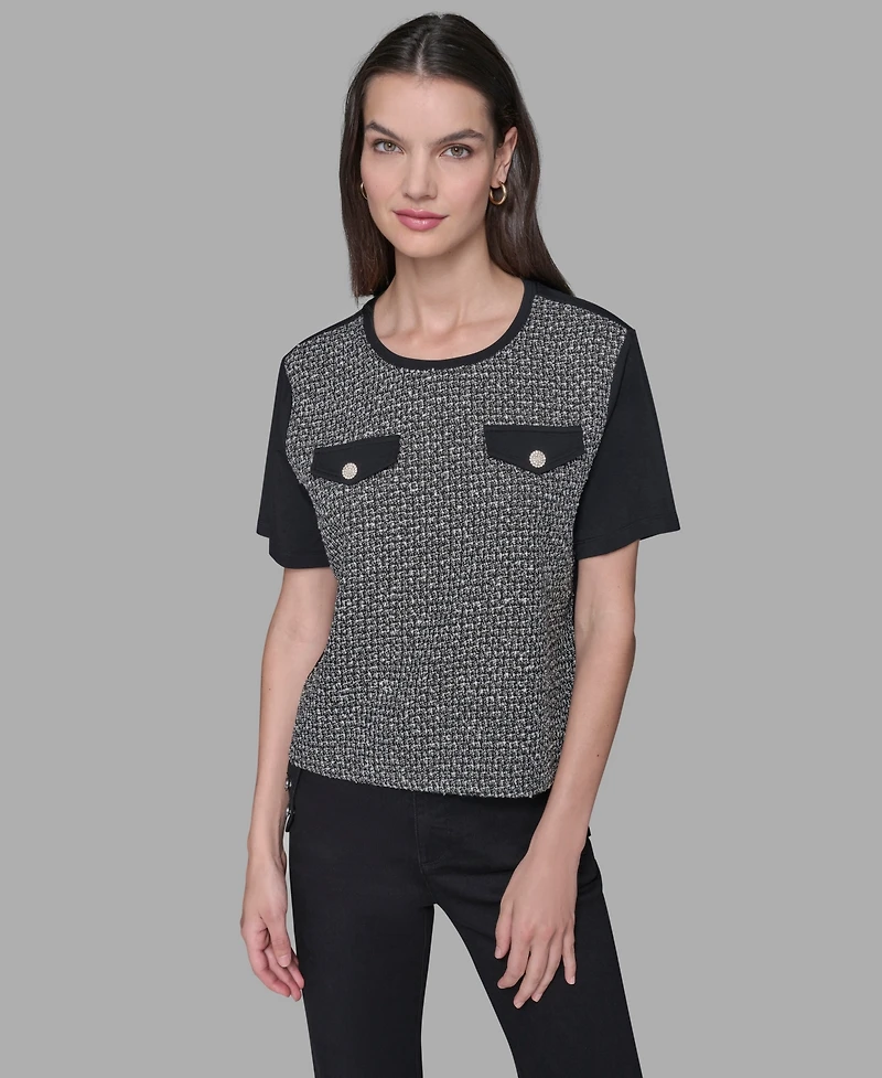 Karl Lagerfeld Paris Women's Tweed Pocket Knit Short Sleeve Top