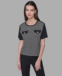 Karl Lagerfeld Paris Women's Tweed Pocket Knit Short Sleeve Top