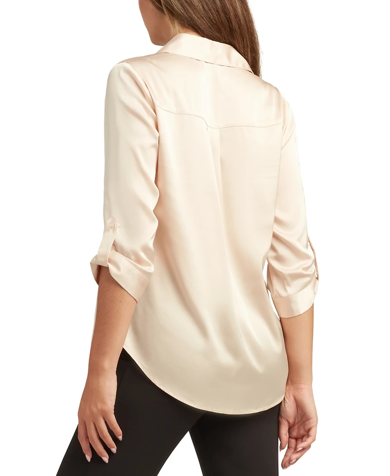 Bcx Juniors Stretch Satin Button-Up 3/4-Sleeve Top