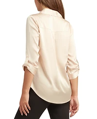 Bcx Juniors Stretch Satin Button-Up 3/4-Sleeve Top