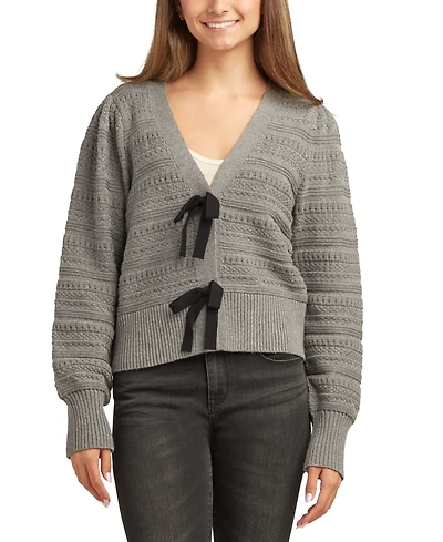 Bcx Juniors V-Neck Bow-Trim Long-Sleeve Cardigan