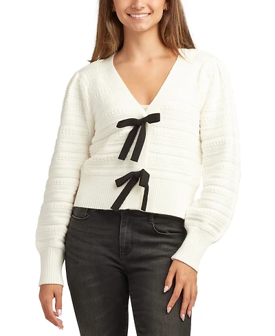 Bcx Juniors V-Neck Bow-Trim Long-Sleeve Cardigan