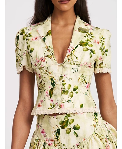 Miss Circle Women Zanella Green Floral Print Lace Trim Linen Top