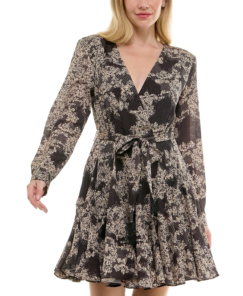 Taylor Women's Long-Sleeve Jacquard A-Line Wrap Dress