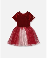 Deux par Girl Bi-Material Short Sleeve Party Dress Red