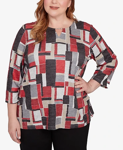 Alfred Dunner Plus Classic Colorblock Split Beaded Neck Top