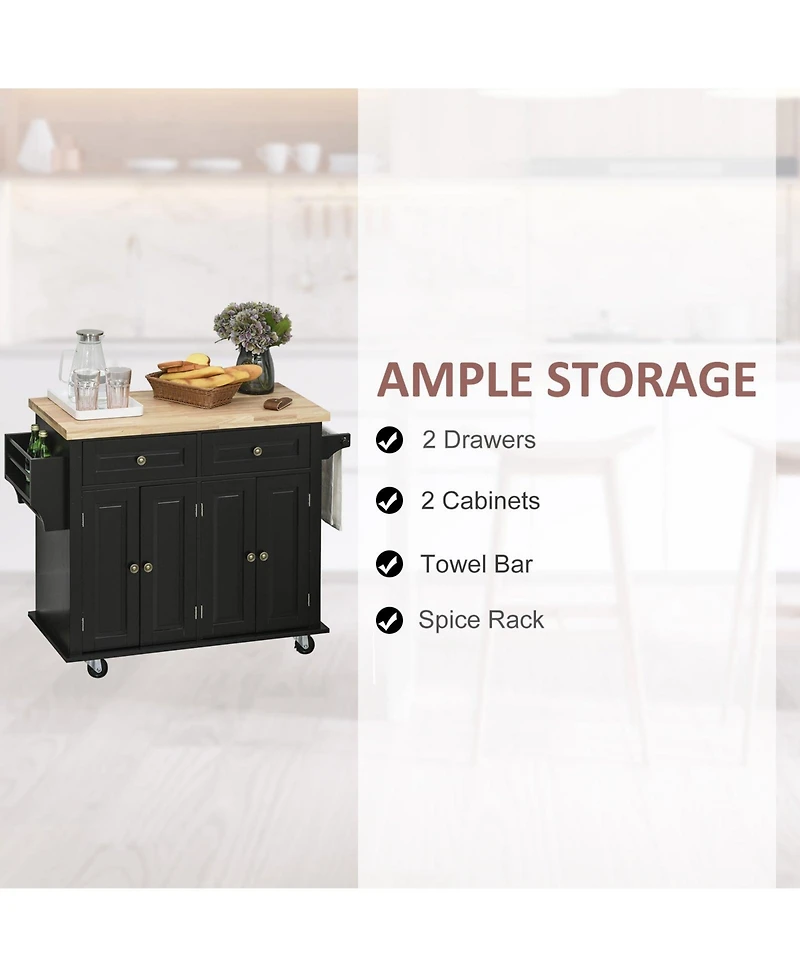 Halifax North America Black Kitchen Island: Cart with Varnished Rubberwood Top and Casters