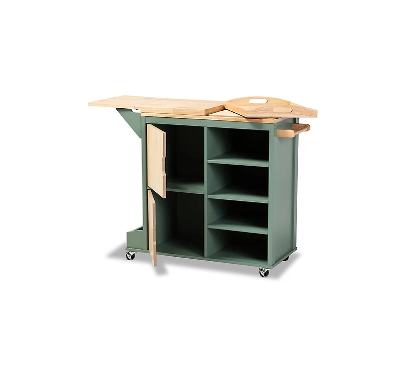 Baxton Studio Dorthy Coastal and Farmhouse Two-tone Dark Green and Natural Wood Kitchen Storage Cart