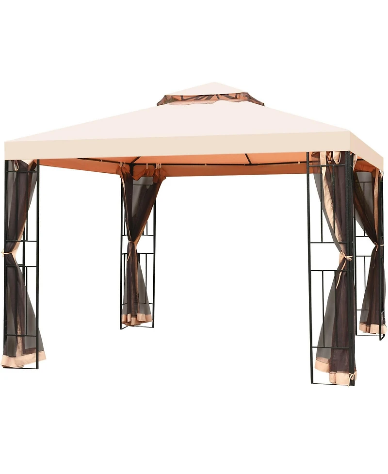 Gymax 10x10ft Metal Gazebo W/ Mosquito Netting Canopy Gazebo 2 Tier Vented Gazebo Top