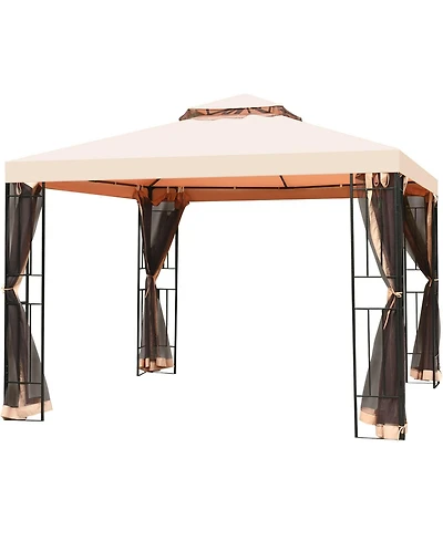 Gymax 10x10ft Metal Gazebo W/ Mosquito Netting Canopy Gazebo 2 Tier Vented Gazebo Top