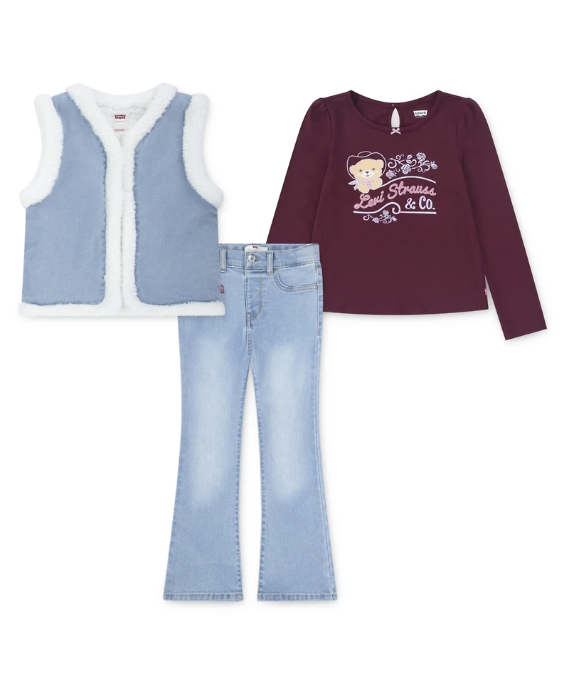 Levi's Little Girls 3-Piece Sherpa Vest, Round Neck T-Shirt, and Denim Jeans Set