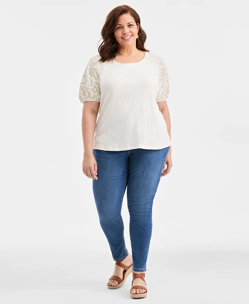 Style & Co Plus Cotton Embroidered-Sleeve Top, Macy's Exclusive