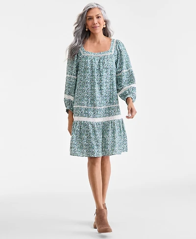 Style & Co Women's Cotton Printed Crochet-Trim Shift Dress, Macy's Exclusive