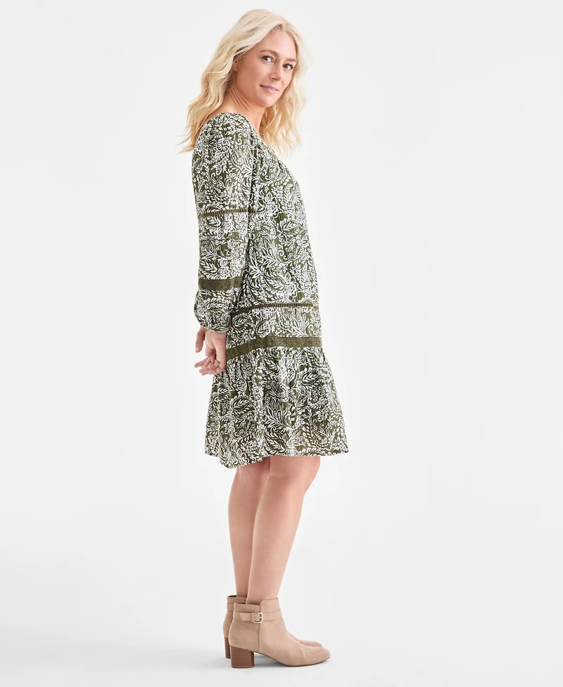 Style & Co Women's Cotton Printed Crochet-Trim Shift Dress, Macy's Exclusive
