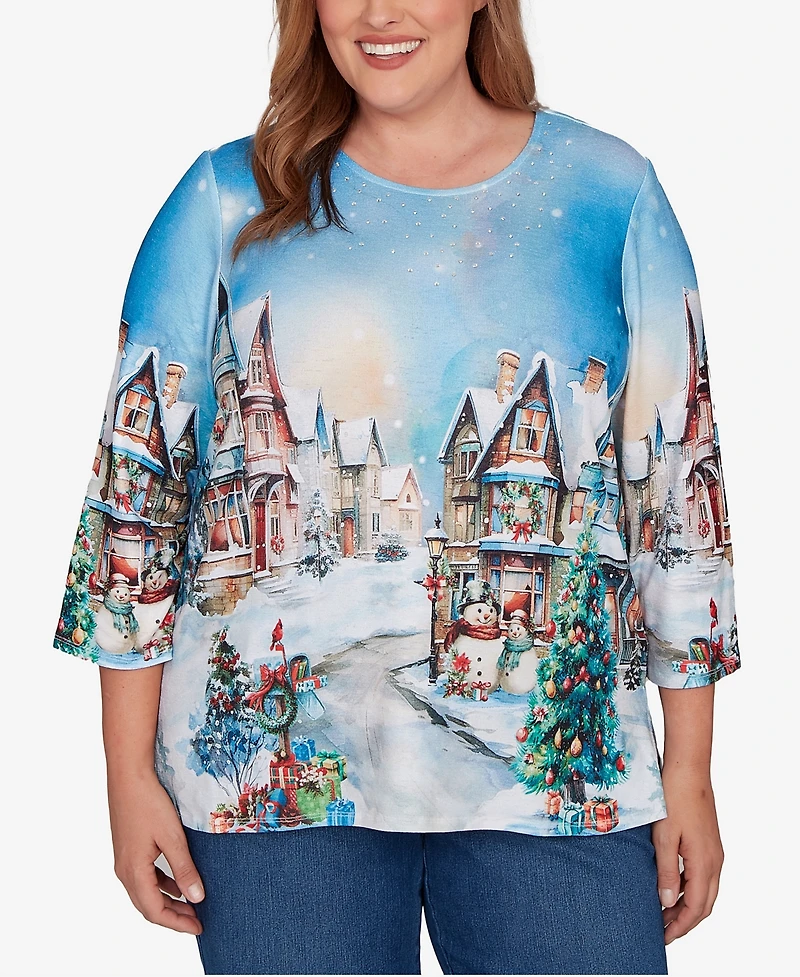 Alfred Dunner Plus Classic Embellished Snow Cabin Village Scene Crew Neck Top