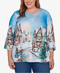 Alfred Dunner Plus Classic Embellished Snow Cabin Village Scene Crew Neck Top