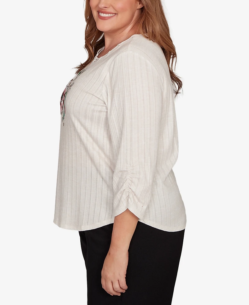Alfred Dunner Plus Classic Holiday Stockings Gathered Sleeve Top