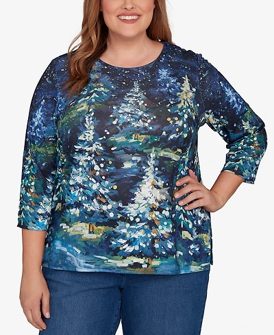 Alfred Dunner Plus Classic Starry Night Holiday Tree Crew Neck Top
