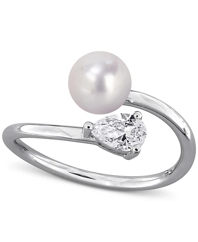 Cultured Freshwater Pearl (6mm) & Lab Grown White Sapphire (5/8 ct. t.w.) Bypass Ring Sterling Silver