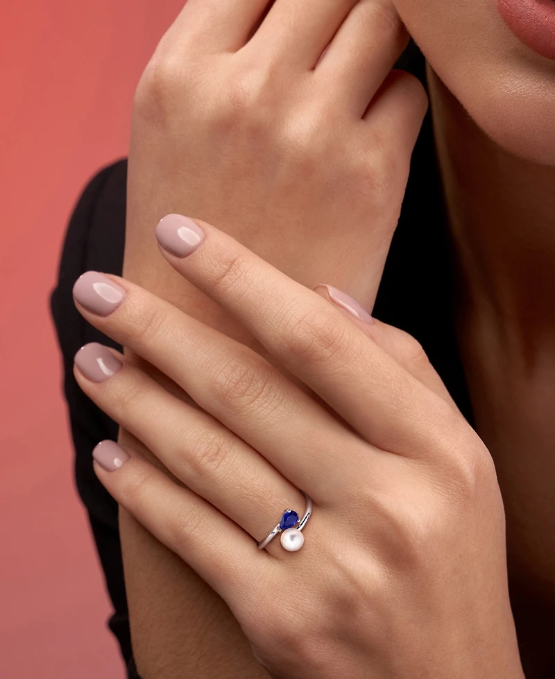 Cultured Freshwater Pearl (6mm) & Lab Grown Sapphire (5/8 ct. t.w.) Bypass Ring Sterling Silver