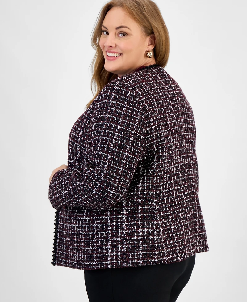 Kasper Plus Tweed Collarless Open-Front Jacket