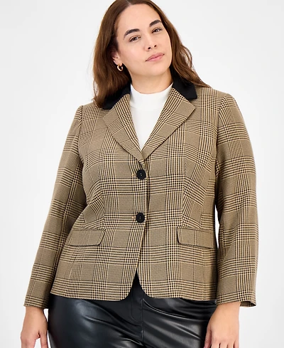 Kasper Plus Plaid Elbow-Patch Two-Button Jacket