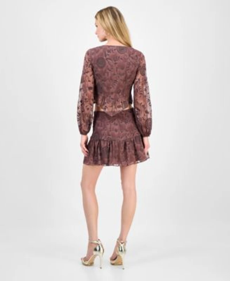 Guess Womens Seiah Embroidered Blouson Sleeve Blouse Seiah Mini Skirt
