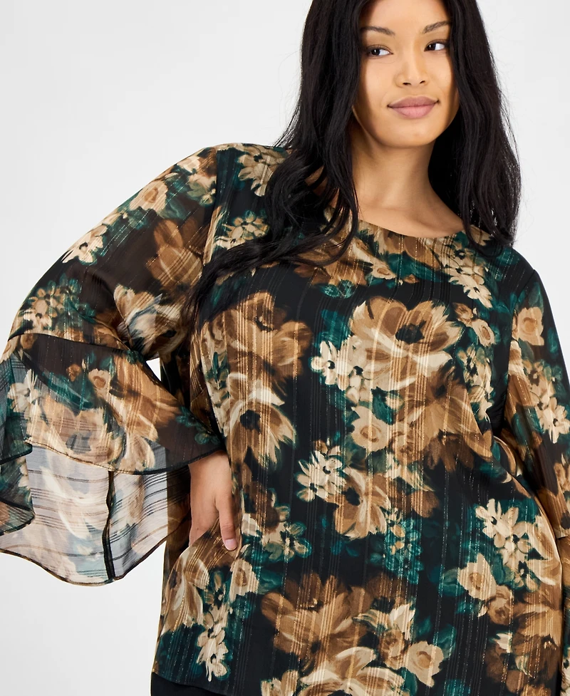 Kasper Plus Printed Ruffle-Sleeve Blouse
