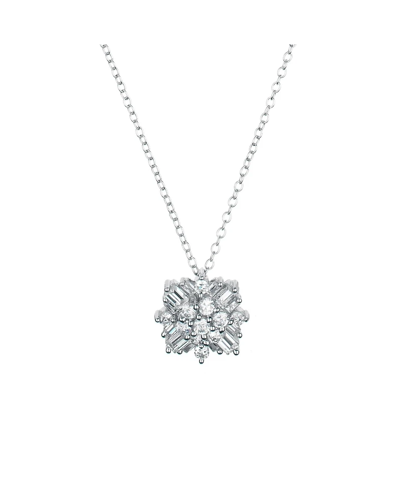 Sterling Silver White Gold Plated Cubic Zirconia Snowflake Cluster Pendant Necklace