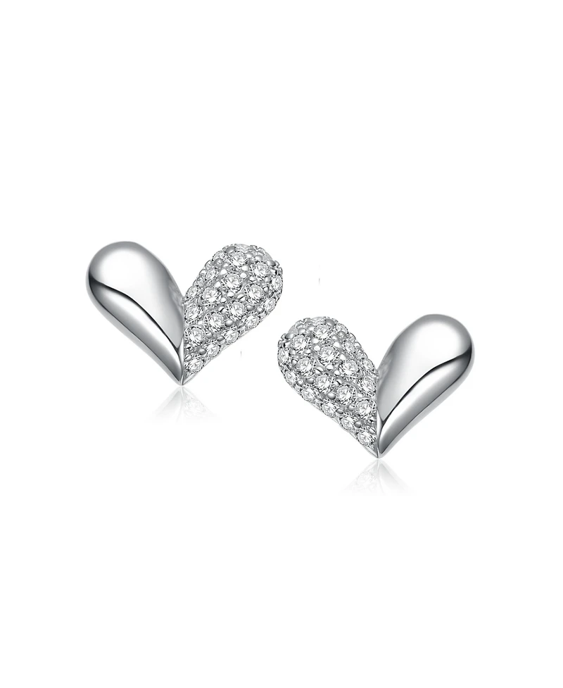 White Gold Plated with Paved Clear Cubic Zirconia Sleek Heart Stud Earrings