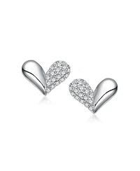 White Gold Plated with Paved Clear Cubic Zirconia Sleek Heart Stud Earrings