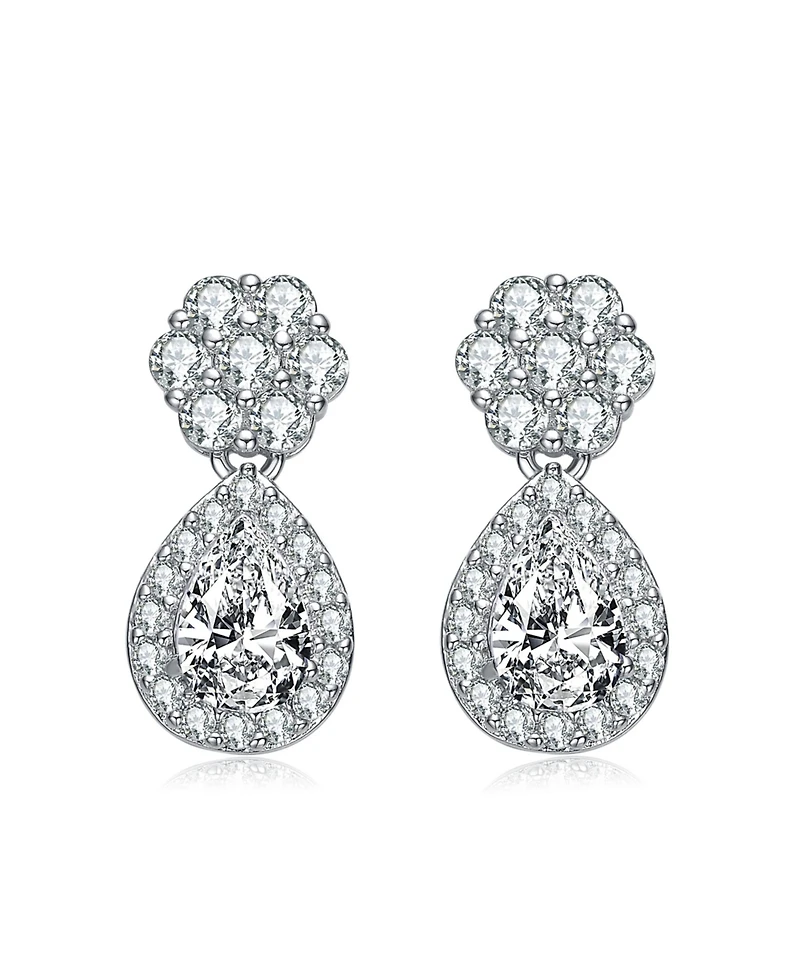 Sterling Silver with White Gold Plated Clear Pear and Round Cubic Zirconia Halo with Flower Post Drop Earrings