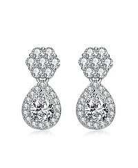Sterling Silver with White Gold Plated Clear Pear and Round Cubic Zirconia Halo with Flower Post Drop Earrings