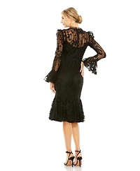 Mac Duggal Women's Ruffle Wrist Embellished High Neck Midi Dress
