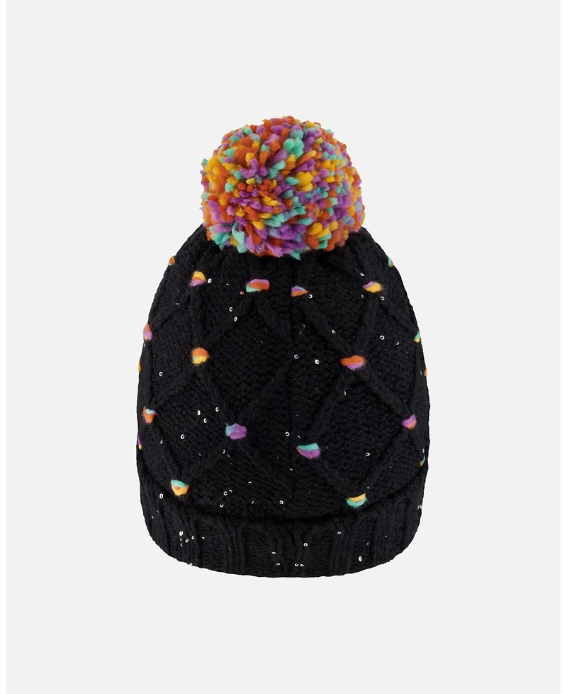 Deux par Girl Lined Knit Pompom Hat Black and Multicolor with Little Sequins - Toddler|Child