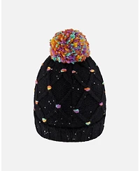 Deux par Girl Lined Knit Pompom Hat Black and Multicolor with Little Sequins - Toddler|Child