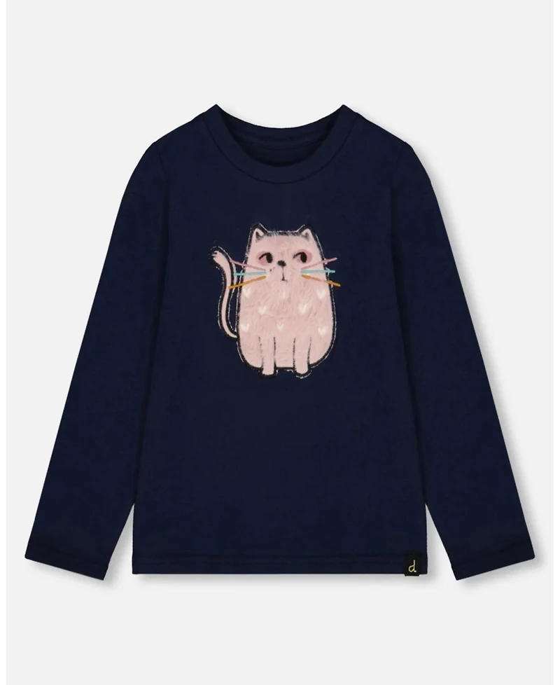 Deux par Girl Cotton T-Shirt Dark Blue with Cat