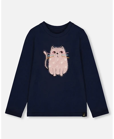 Deux par Girl Cotton T-Shirt Dark Blue with Cat