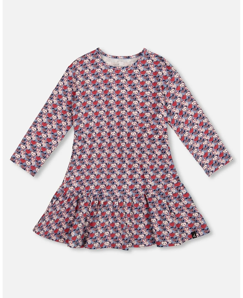 Deux par Girl Cotton Dress with Flounce Hem Blue Apple Print