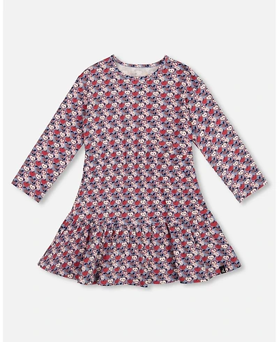Deux par Girl Cotton Dress with Flounce Hem Blue Apple Print