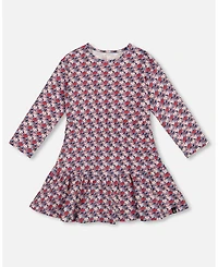 Deux par Girl Cotton Dress with Flounce Hem Blue Apple Print