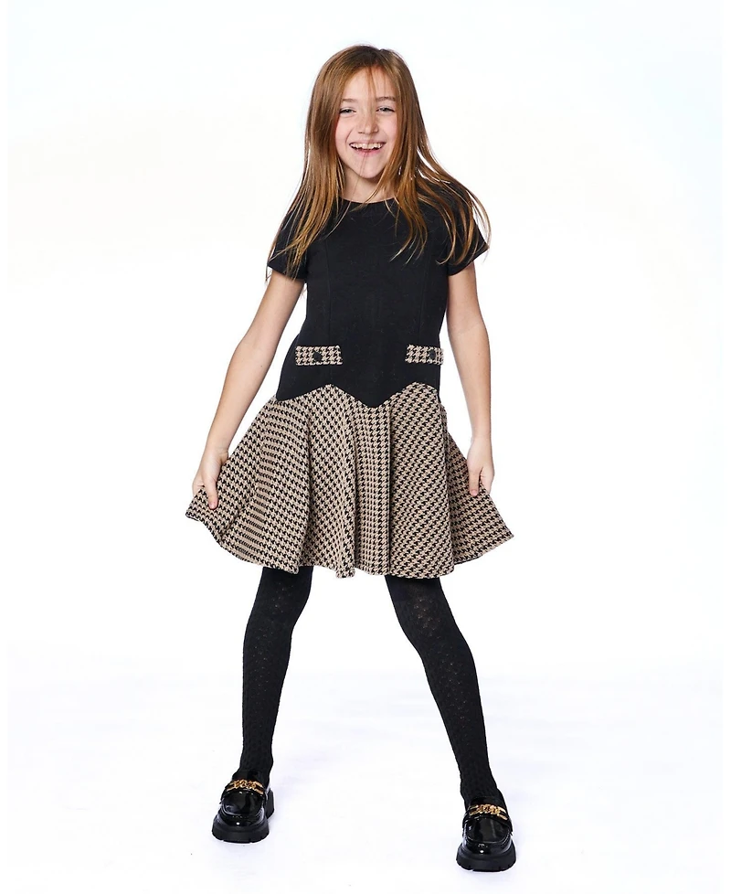 Deux par Deux Girl Short Sleeve Bi-Material Milano and Jacquard Knit Dress Black - Toddler|Child
