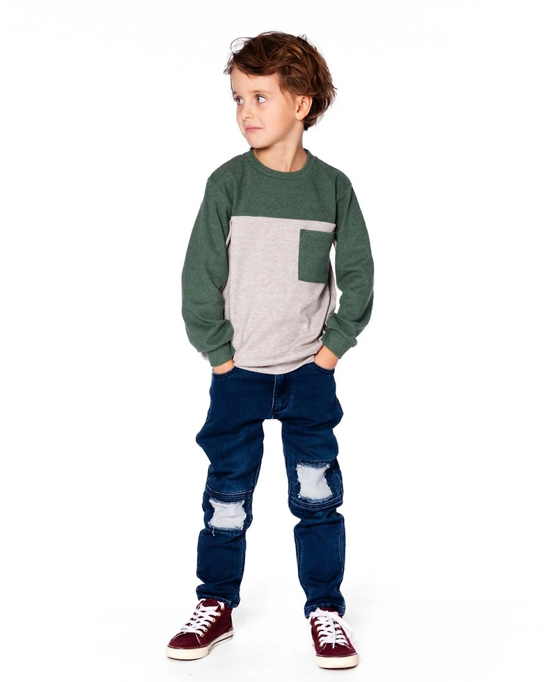 Deux par Boy Long Sleeve Super Soft Brushed Jersey Top Color Block Heather Beige