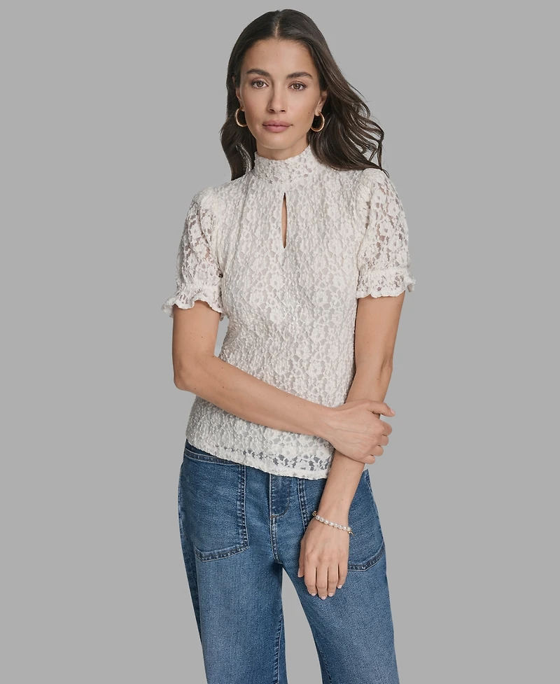 Bcbg Women's Short Sleeve Lace Ruffle Top
