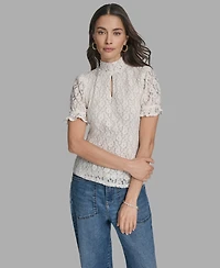 Bcbg Women's Short Sleeve Lace Ruffle Top