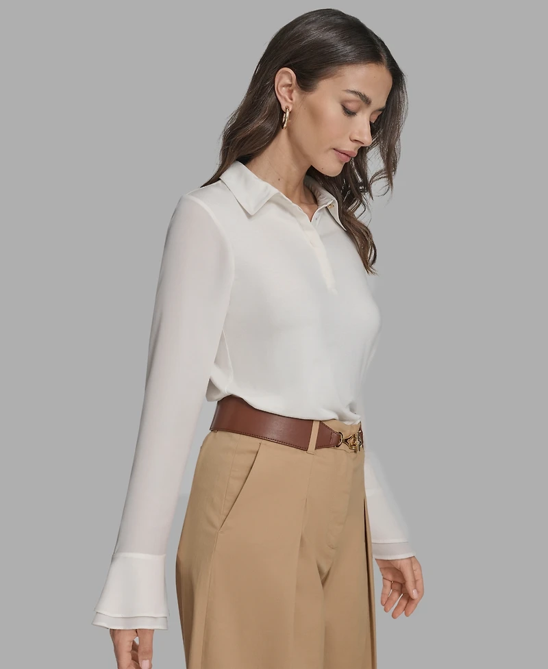Bcbg Women's Long Sleeve Ruffle-Cuff Collared Top