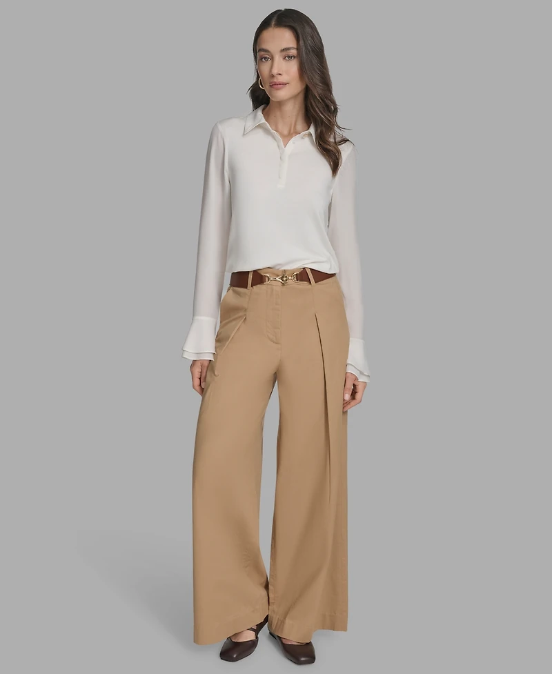 Bcbg Women's Long Sleeve Ruffle-Cuff Collared Top